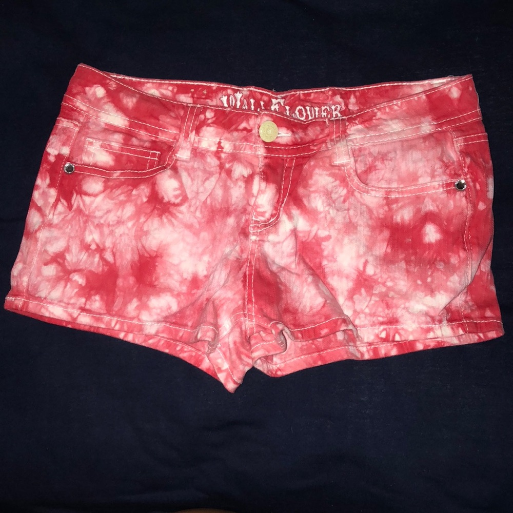 red tye dye denim shorts